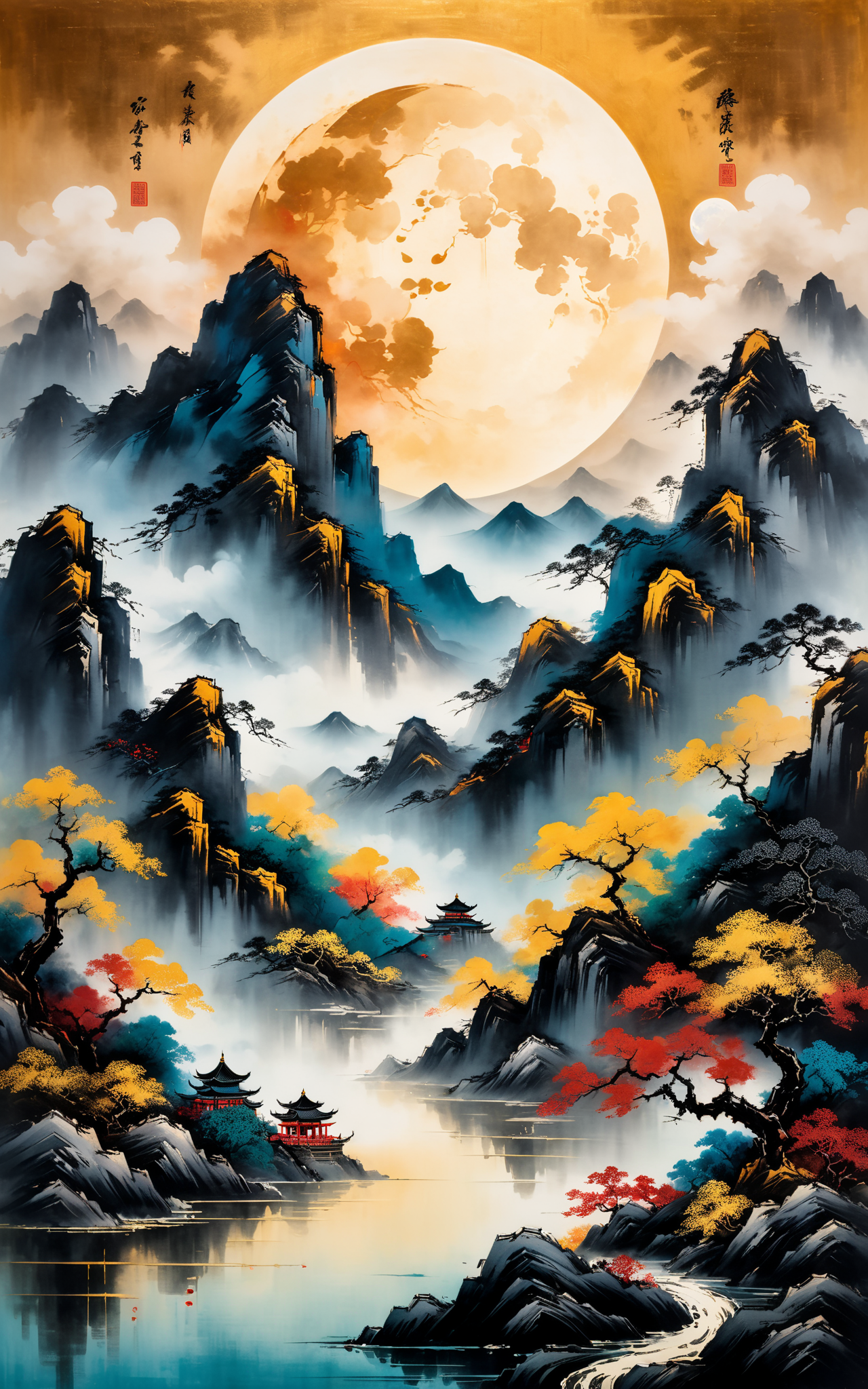 05567-3168239882-A Chinese style painting of a mountain with a moon in the sky, intricate and ornate Chinese ink style, impasto style, beautiful.png